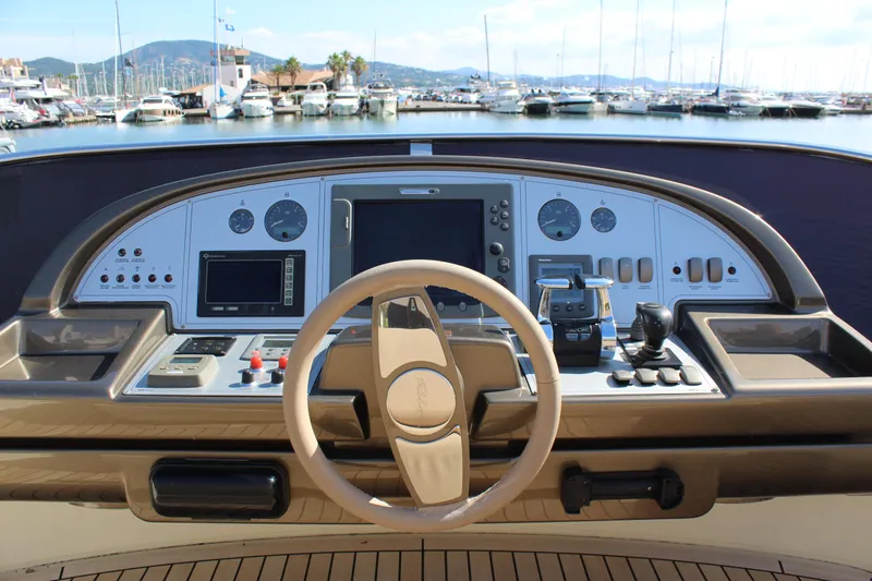 Happy Go Lucky Yacht Photos Pics 2009 Riva SportRiva 56 yacht helm with advanced navigation controls in a marina setting.