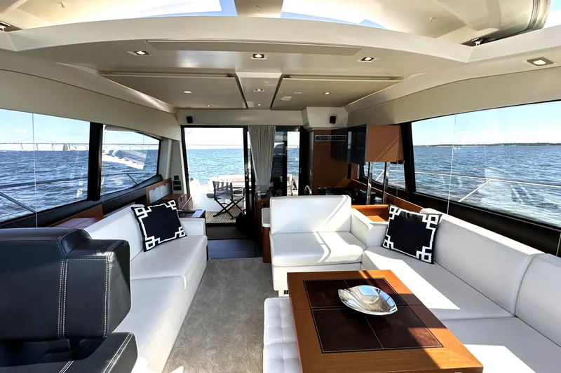 Eribella Yacht Photos Pics Luxurious interior of a 2016 Prestige 500 S yacht with ocean view.