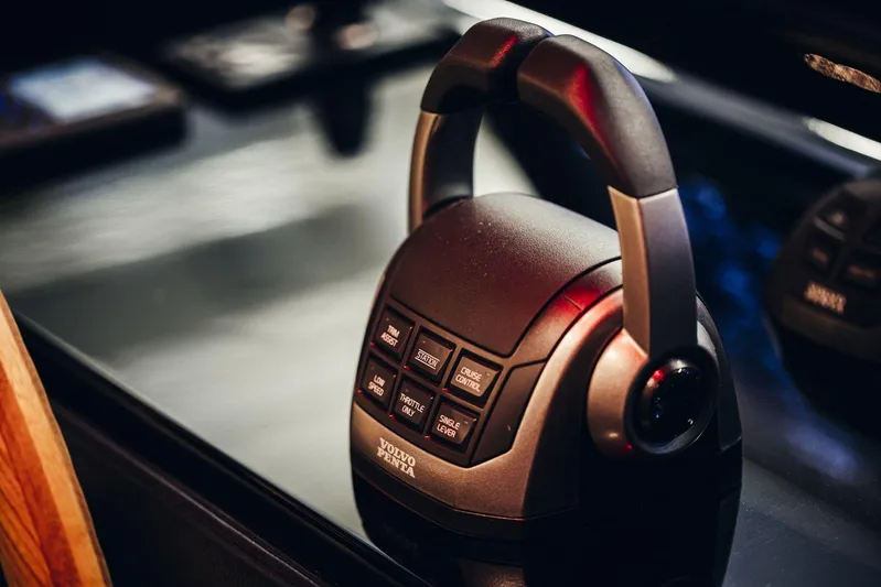  Yacht Photos Pics Control panel of a 2026 Cranchi 62 yacht with Volvo Penta throttle.