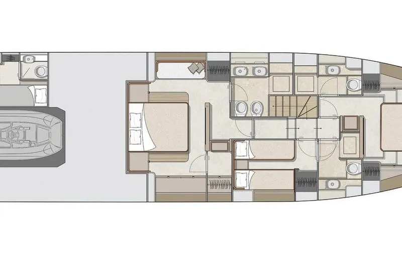  Yacht Photos Pics Floor plan of 2026 Cranchi 62 yacht, featuring bedrooms, bathrooms, and living areas.