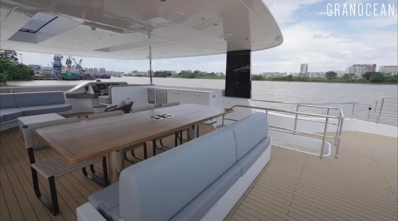  Yacht Photos Pics Luxurious Granocean W-72 yacht deck with seating, table, and river view, 2026 model.