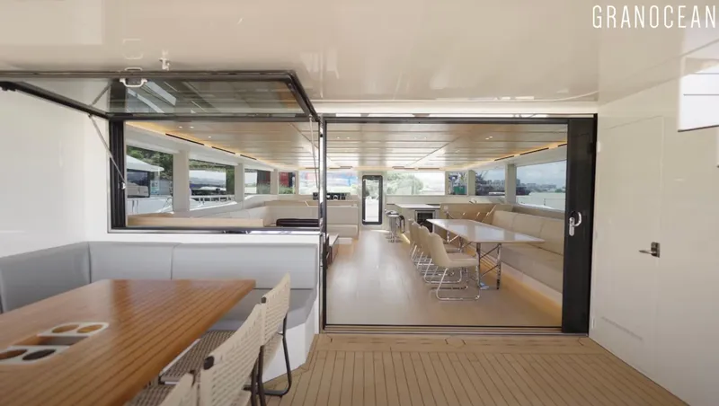  Yacht Photos Pics Luxurious Granocean W-72 yacht interior, featuring elegant dining and seating areas, 2026 model.