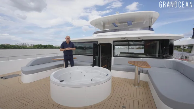  Yacht Photos Pics Luxury Granocean W-72 yacht deck with jacuzzi and seating, 2026 model.