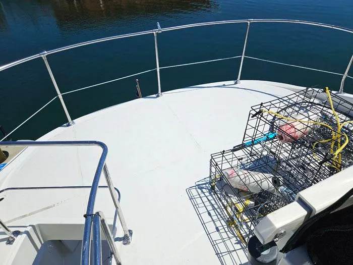  Yacht Photos Pics Deck of 2004 Carver 560 Voyager PH with crab traps, overlooking calm water.