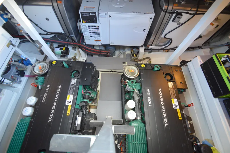 Yore Amuche Yacht Photos Pics Engine room of 2019 Prestige 520S with Volvo Penta IPS 600 engines and Cummins Onan generator.