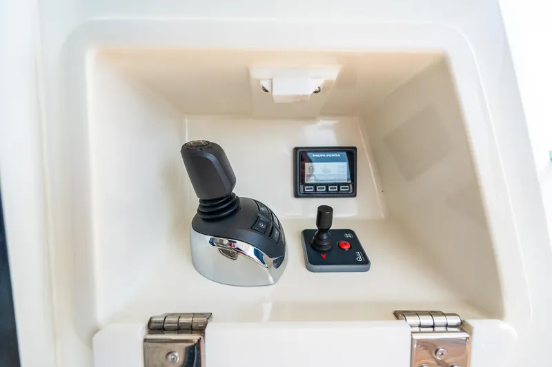 Yore Amuche Yacht Photos Pics Control panel of a 2019 Prestige 520S yacht featuring joystick and display.