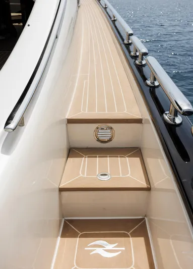 Tons Of Fun Yacht Photos Pics Luxury yacht Zeelander Z72, 2022 model, elegant deck stairs with ocean view.