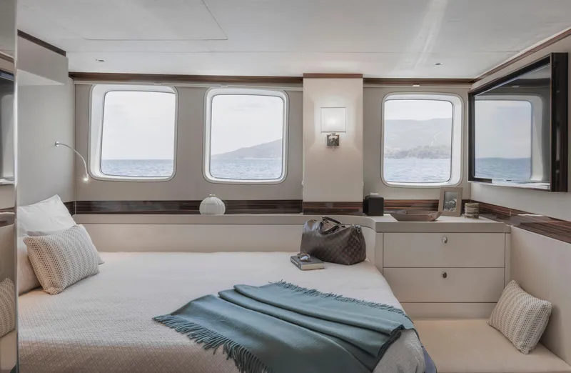 Tons Of Fun Yacht Photos Pics Luxurious 2022 Zeelander Z72 yacht bedroom with ocean view and elegant decor.