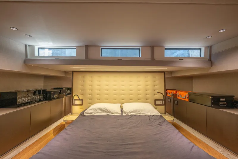 V-adeus Yacht Photos Pics Luxurious cabin interior of 2024 SACS Rebel 55 yacht with modern design elements.