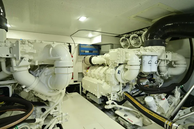  Yacht Photos Pics Engine room of 2021 Galeon 680 Fly yacht, showcasing advanced machinery and components.
