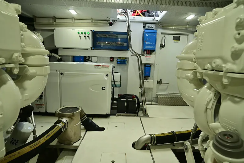 Yacht Photos Pics Engine room of 2021 Galeon 680 Fly yacht, showcasing machinery and equipment.