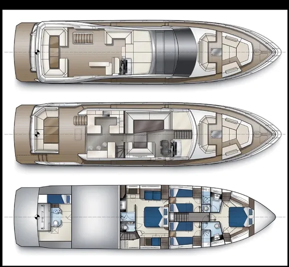  Yacht Photos Pics Floor plan of 2021 Galeon 680 Fly yacht, showcasing three levels with detailed layouts.