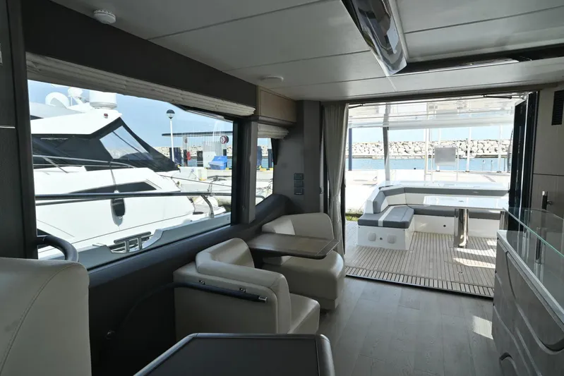  Yacht Photos Pics Interior of 2021 Galeon 680 Fly yacht with modern seating and open deck view.