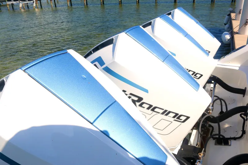  Yacht Photos Pics Four powerful outboard engines on a 2022 Boston Whaler 380 Outrage boat.