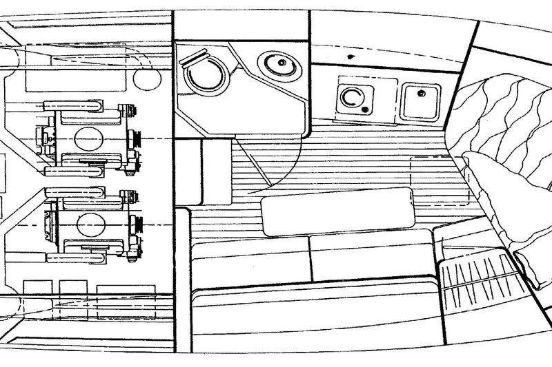 Alibi Yacht Photos Pics Blueprint of 2006 Rampage Express Offshore Tower boat interior layout.