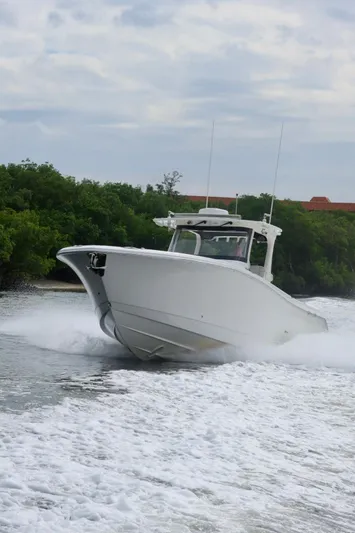  Yacht Photos Pics 2019 Edgewater 370CC boat cruising on water with lush greenery in the background.