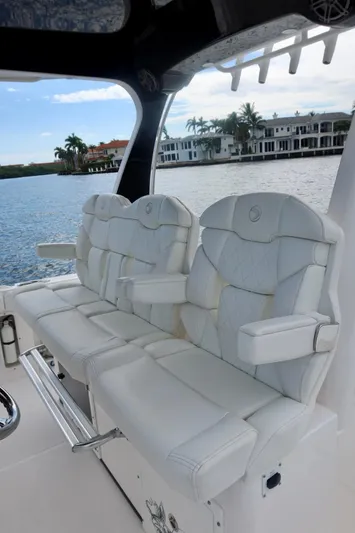  Yacht Photos Pics Luxurious seating on 2019 Edgewater 370CC boat with waterfront view.