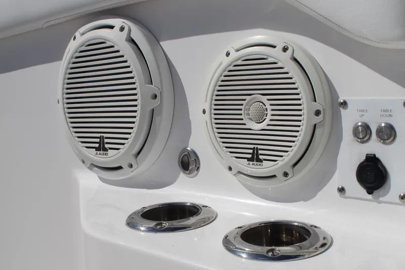  Yacht Photos Pics Edgewater 370CC 2019 boat speakers and controls on white panel.