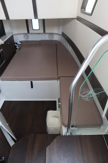  Yacht Photos Pics 2019 Edgewater 370CC cabin interior with brown cushions and modern design.