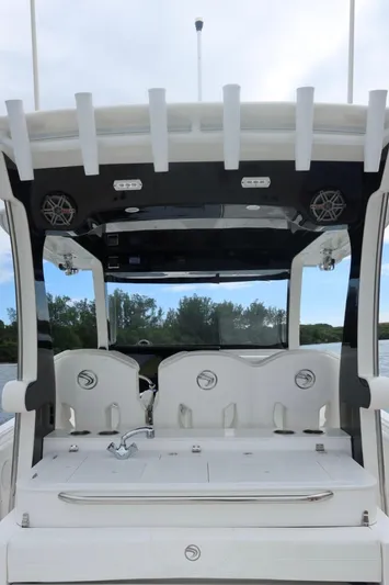  Yacht Photos Pics 2019 Edgewater 370CC boat interior with seating and canopy.