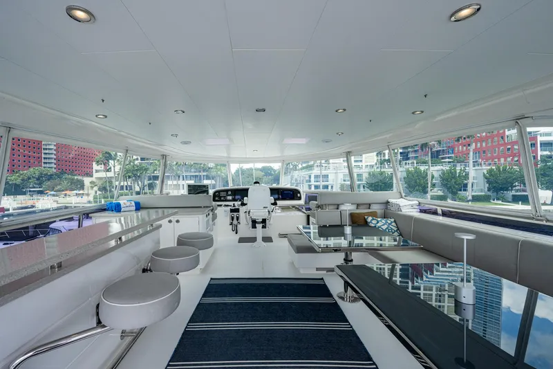 Satori Yacht Photos Pics Luxurious interior of 2016 Horizon E88 yacht with modern seating and panoramic windows.