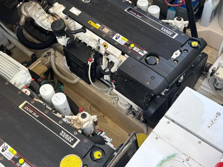 O Sea D Yacht Photos Pics Engine room of a 2008 Tiara Yachts 3900 Sovran, showcasing dual diesel engines.