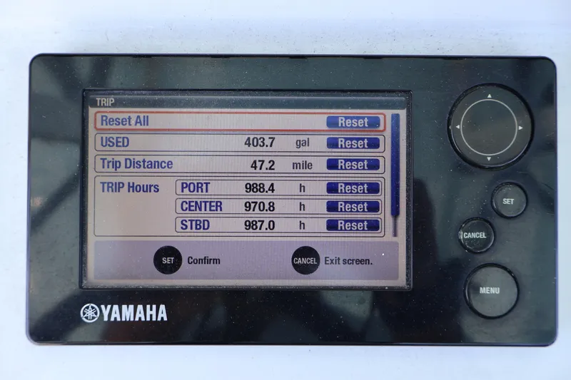 Wine Down Yacht Photos Pics Yamaha trip display showing fuel usage and trip hours for 2017 Contender 35 ST.