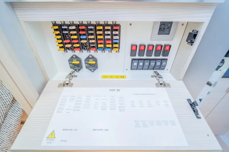  Yacht Photos Pics Electrical panel of Catana YOT 36, 2025 model, featuring labeled switches and circuit breakers.