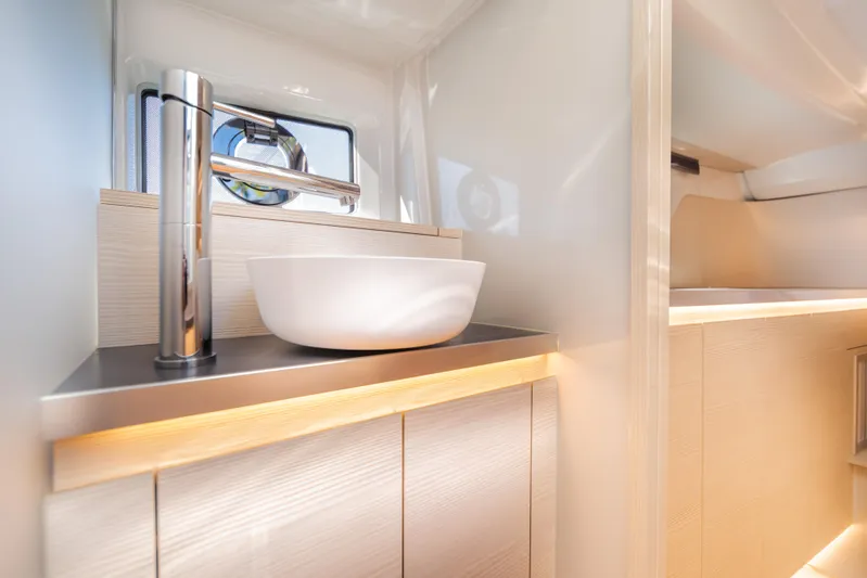  Yacht Photos Pics Modern bathroom interior of 2025 Catana YOT 36 yacht with sleek sink and faucet.