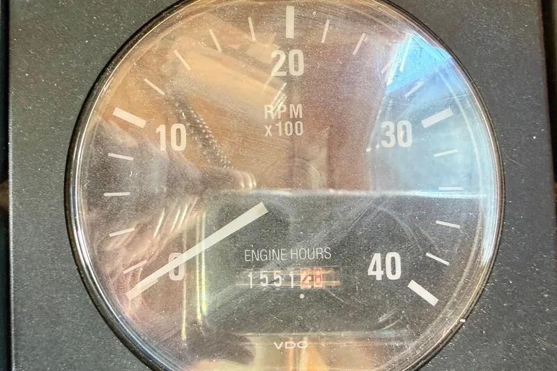  Yacht Photos Pics Close-up of Albin 40 North Sea Cutter tachometer showing 1551.28 engine hours.