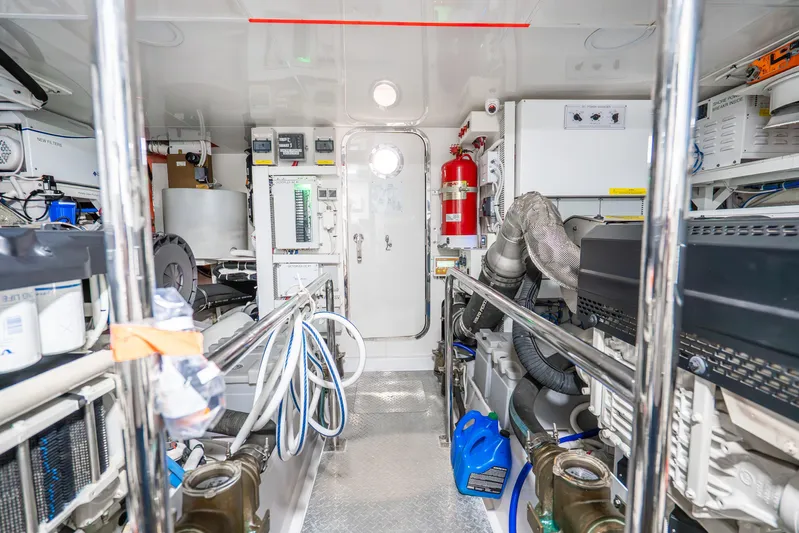 Mocean Yacht Photos Pics Engine room of 2021 Ocean Alexander 70E Motoryacht, featuring advanced equipment and safety systems.