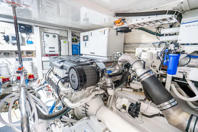 Mocean Yacht Photos Pics Engine room of 2021 Ocean Alexander 70E Motoryacht, showcasing advanced machinery and equipment.