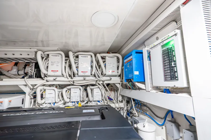 Mocean Yacht Photos Pics Engine room of 2021 Ocean Alexander 70E Motoryacht with advanced electrical systems.