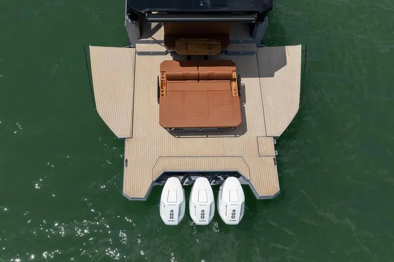  Yacht Photos Pics Aerial view of 2025 Hanover 447 Ultimate Luxury Edition yacht with triple engines.