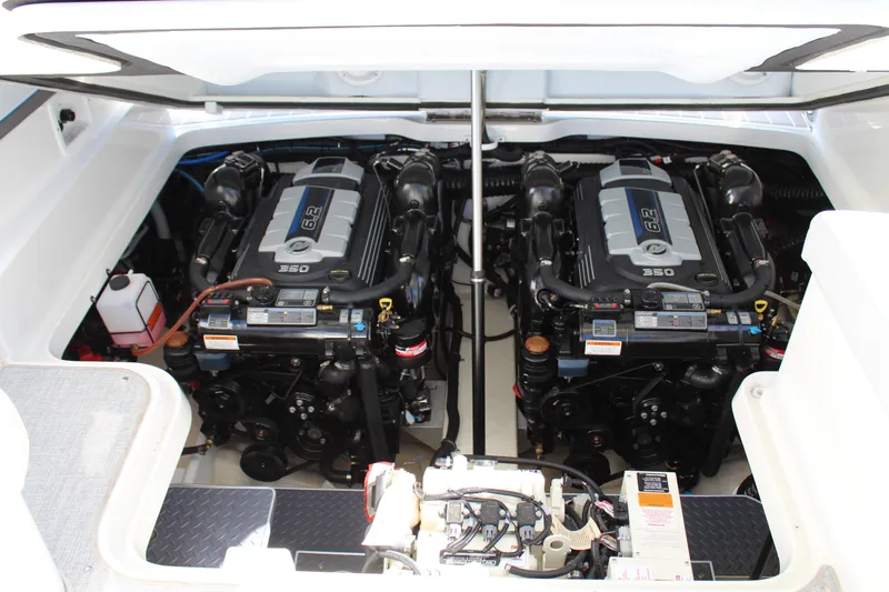  Yacht Photos Pics 2023 Formula 330 Crossover Bowrider engine compartment with dual powerful engines.