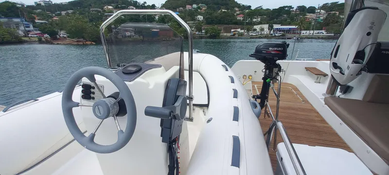 Amea Yacht Photos Pics Steering area of a 2014 Lagoon 52 F yacht with Suzuki outboard motor.