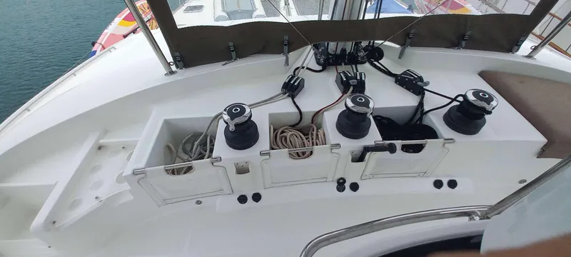 Amea Yacht Photos Pics Cockpit of 2014 Lagoon 52 F yacht with winches and ropes.