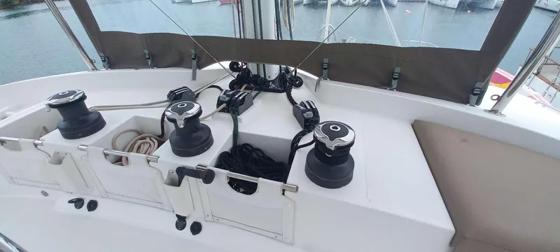 Amea Yacht Photos Pics Cockpit of 2014 Lagoon 52 F yacht with winches and ropes.