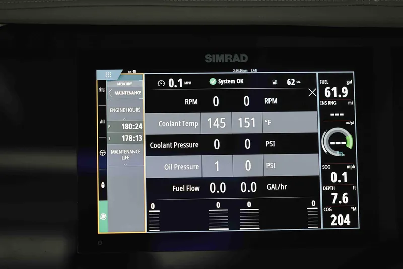  Yacht Photos Pics Simrad display on 2023 Sea Ray Sundancer 320 Coupe showing engine and fuel data.