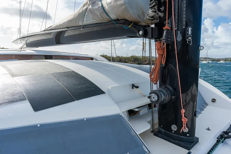 Orion Yacht Photos Pics Catana 90 catamaran deck view, showcasing mast and rigging, 2008 model.