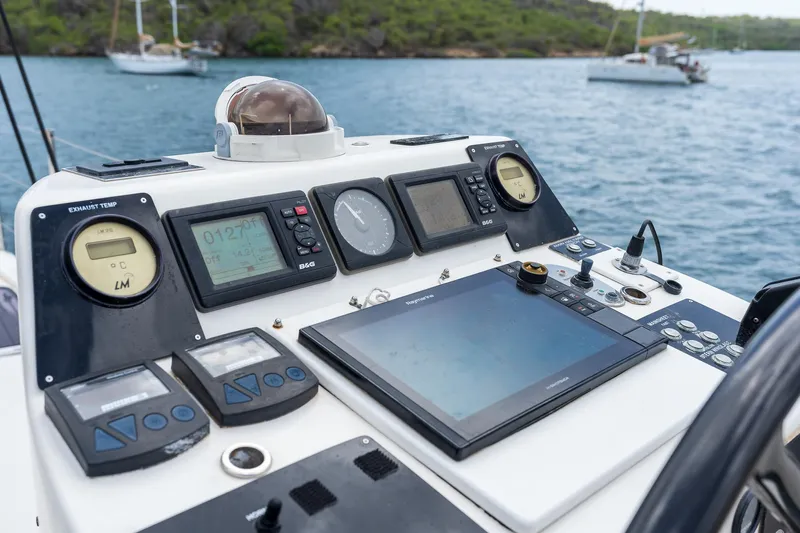 Orion Yacht Photos Pics Control panel of a 2008 Catana 90 yacht with navigation instruments.