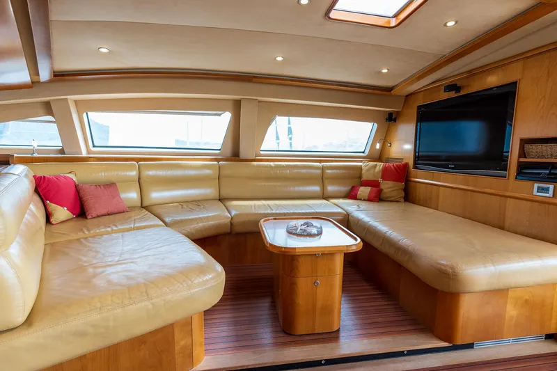 Orion Yacht Photos Pics Luxurious interior of 2008 Catana Catana 90 yacht with leather seating and modern amenities.