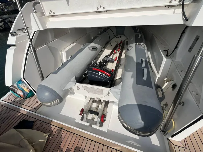  Yacht Photos Pics Sunseeker Portofino 48 yacht garage with inflatable boat, 2011 model.