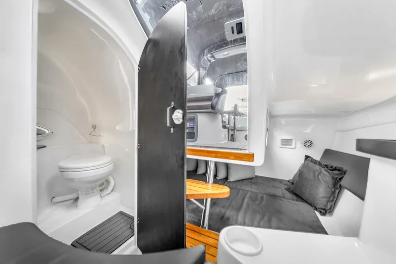  Yacht Photos Pics 2024 Hanover 305 boat interior with toilet, seating, and modern design.