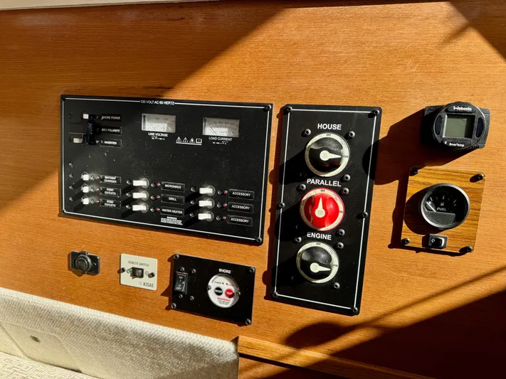  Yacht Photos Pics Control panel of 2024 Ranger Tugs R-27 boat with switches and gauges.