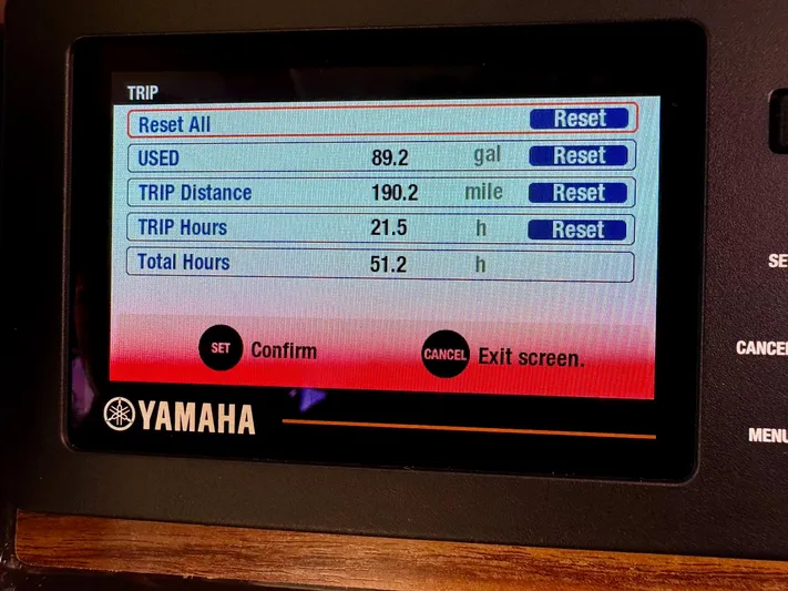  Yacht Photos Pics Yamaha trip display on 2024 Ranger Tugs R-27 showing fuel and distance data.