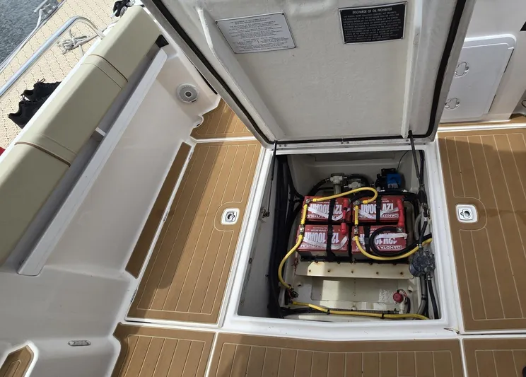  Yacht Photos Pics 2021 Ranger Tugs R-25 boat battery compartment with neatly arranged wiring.