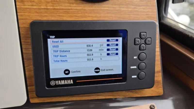  Yacht Photos Pics Yamaha display on 2021 Ranger Tugs R-25 showing trip data and fuel usage.
