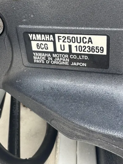  Yacht Photos Pics Yamaha F250UCA engine label on 2021 Ranger Tugs R-25, made in Japan.