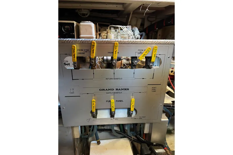  Yacht Photos Pics Fuel manifold panel of a 1996 Grand Banks 36 Motoryacht with labeled valves and controls.